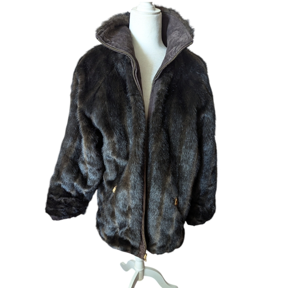 Reversible Chocolate Brown Suede & Plush Faux Mink Coat Luxe Winter Old Money L - Picture 5 of 12